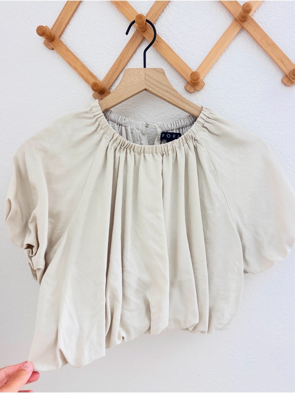 Fore Puff Sleeve Cream Gathered Short-Sleeve Cropped Bubble Top